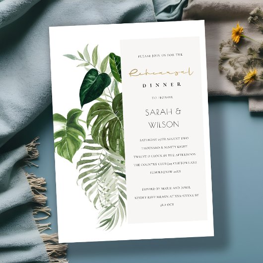 Leafy Tropical Palm Foliage Rehearsal Diner Invite Bedankkaart