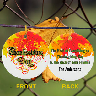 Leafy Typographic Thanksgiving Day Words Keramisch Ornament