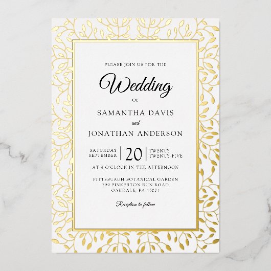 Leafy Vine Gold Foil Border Wedding Folie Uitnodiging (Voorkant)