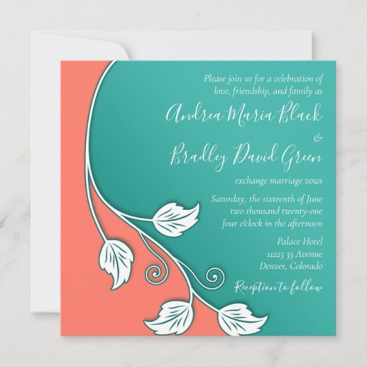 Leafy Vine Turquoise, Coral White Wedding Kaart (Voorkant)