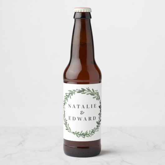 leafy watercolor floral wedding name bier etiket (Voorkant)