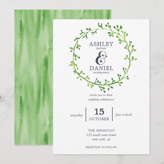 Leafy Waterverf Wreath Wedding Kaart (Voorkant / Achterkant)