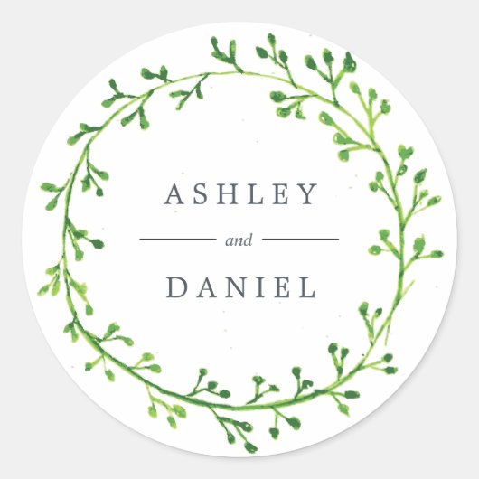 Leafy Waterverf Wreath Wedding Ronde Sticker (Voorkant)