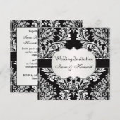 Leafy white damask on black Wedding Invitation Kaart (Voorkant / Achterkant)