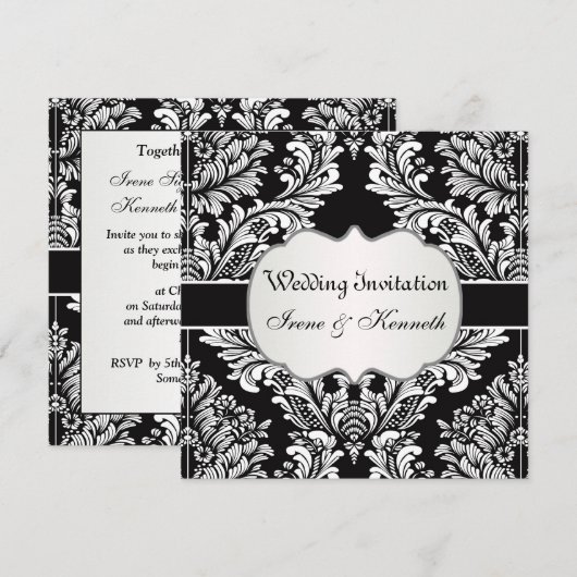 Leafy white damask on black Wedding Invitation Kaart (Voorkant / Achterkant)