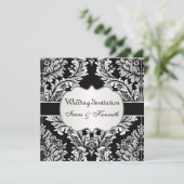 Leafy white damask on black Wedding Invitation Kaart (Staand voorkant)