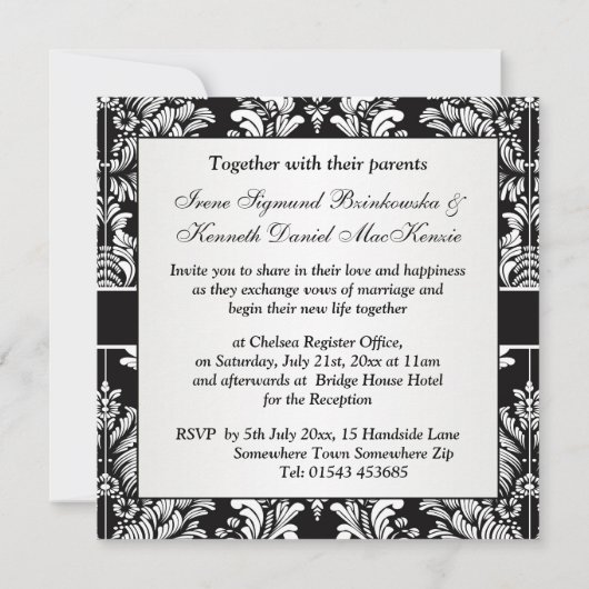 Leafy white damask on black Wedding Invitation Kaart (Achterkant)