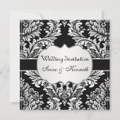 Leafy white damask on black Wedding Invitation Kaart (Voorkant)