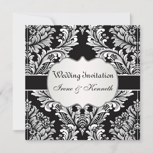 Leafy white damask on black Wedding Invitation Kaart (Voorkant)