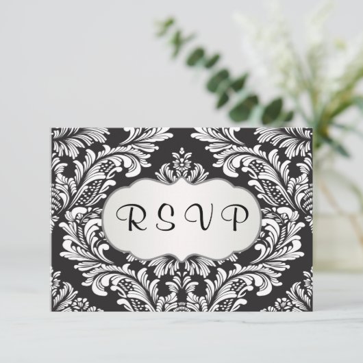 Leafy white damasl patroon op zwarte RSVP (Staand voorkant)