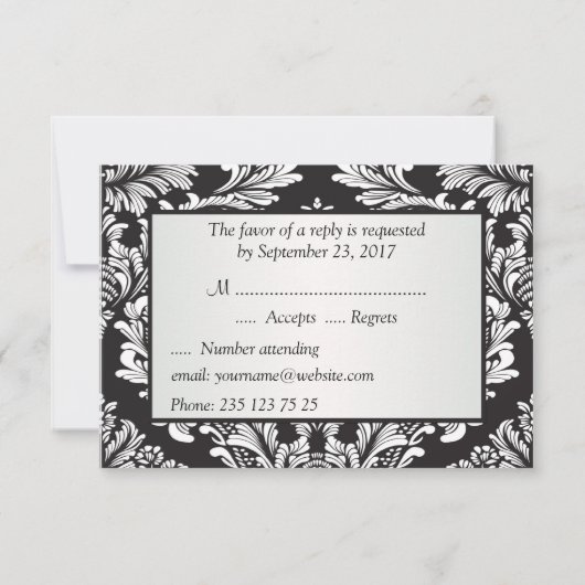 Leafy white damasl patroon op zwarte RSVP (Achterkant)