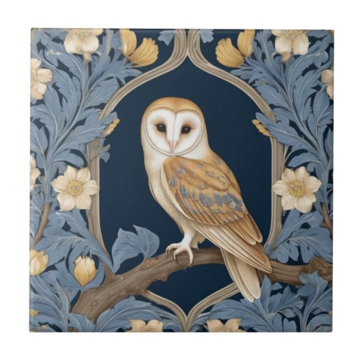 Leafy William Morris stijl Links tegenover Barn Ow Tegeltje (Voorkant)