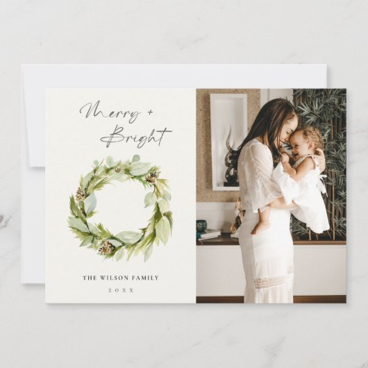 Leafy Winter Wreath Merry & Bright Kerstfoto Feestdagenkaart (Voorkant)