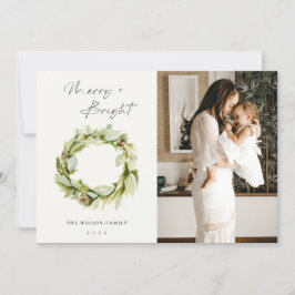 Leafy Winter Wreath Merry & Bright Kerstfoto Feestdagenkaart