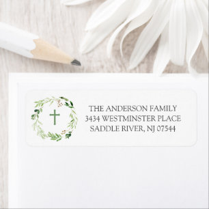 Leafy Wreath Cross Religity Return Address Label