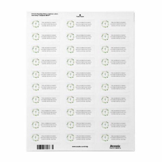 Leafy Wreath Cross Religity Return Address Label (Full Sheet)