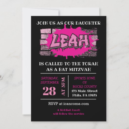 LEAH Graffiti Naam Brick Wall Bat Mitzvah Invite Kaart (Voorkant)