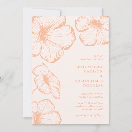 Leah Peach Floral Elegant Wedding Kaart (Voorkant)