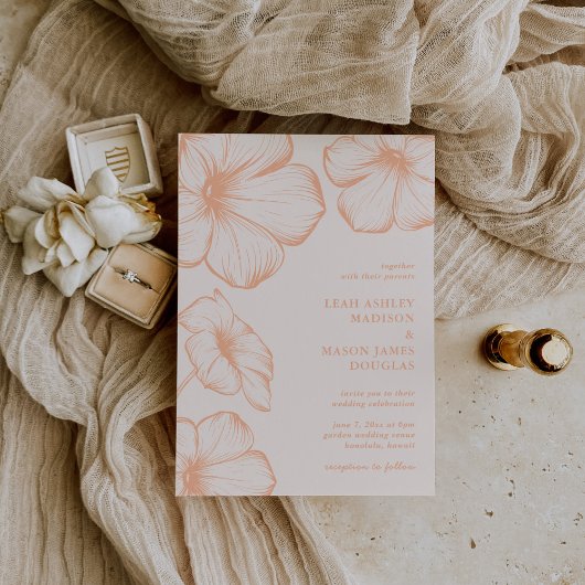 Leah Peach Floral Elegant Wedding Kaart