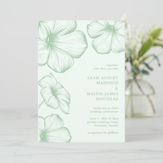 Leah Sage Green Floral Elegante bruiloft Kaart (Staand voorkant)