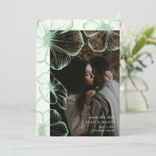 Leah Sage Green Floral Elegante bruiloft Save The Date (Staand voorkant)