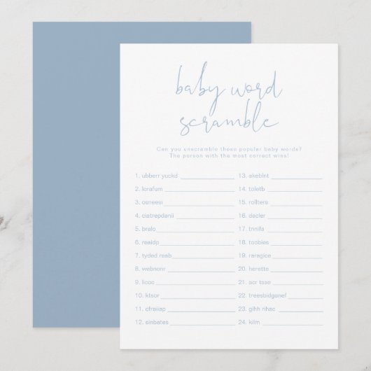 LEAH Trillende pasta Blue Baby Word Scramble Game Kaart (Voorkant / Achterkant)