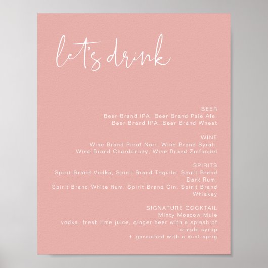 LEAH Vibrant Pastel Pink Let's Drink Bar Menu Poster (Voorkant)
