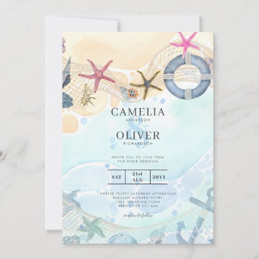 LeahG Beach Coastal Destination Wedding Invitation Kaart (Voorkant)
