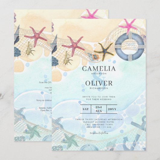 LeahG Beach Coastal Destination Wedding Invitation Kaart (Voorkant / Achterkant)