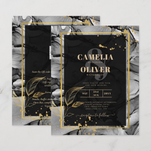 LeahG® Black Gold Alcohol Ink Wedding INVITE (Voorkant / Achterkant)