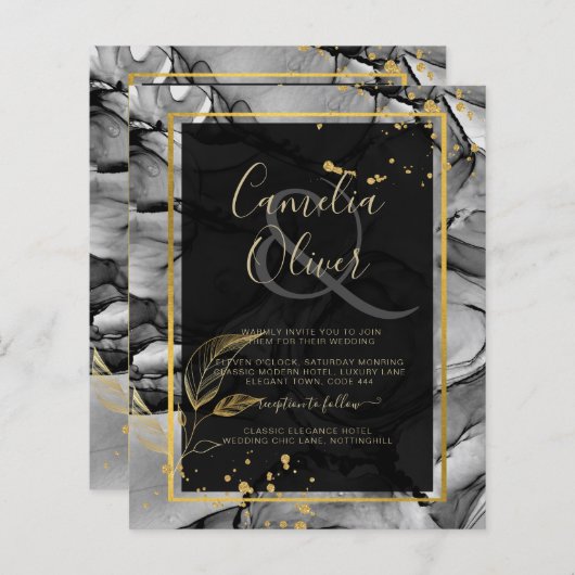 LeahG® Black Gold Alcohol Ink Wedding INVITE (Voorkant / Achterkant)
