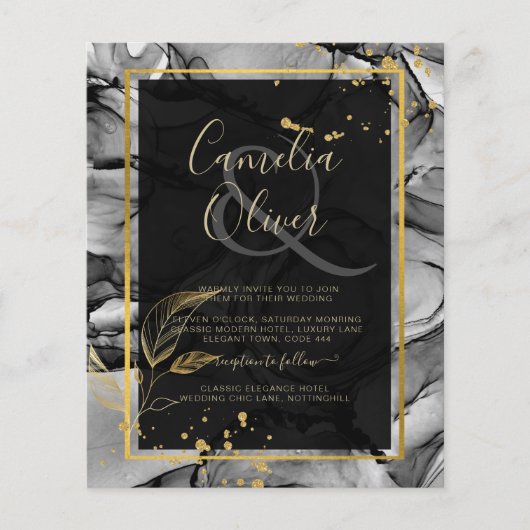 LeahG® Black Gold Alcohol Ink Wedding INVITE (Voorkant)