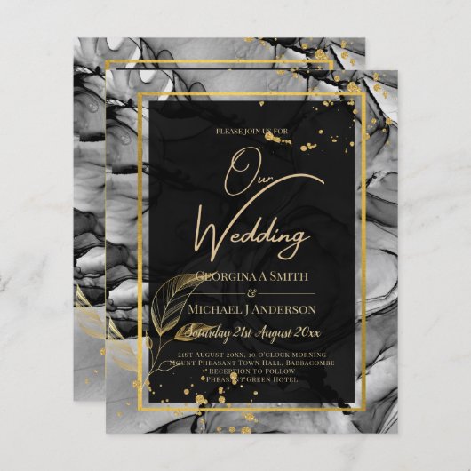 LeahG® Black Gold Alcohol Ink Wedding INVITE (Voorkant / Achterkant)