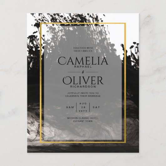 LeahG Black Gold INK Abstract Wedding Invite (Voorkant)