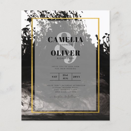 LeahG Black Gold INK Abstract Wedding Invite (Voorkant)