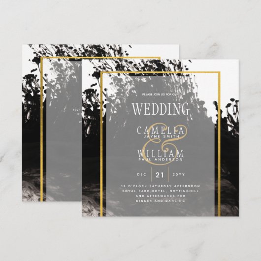 LeahG Black Gold INK Abstract Wedding Invite (Voorkant / Achterkant)