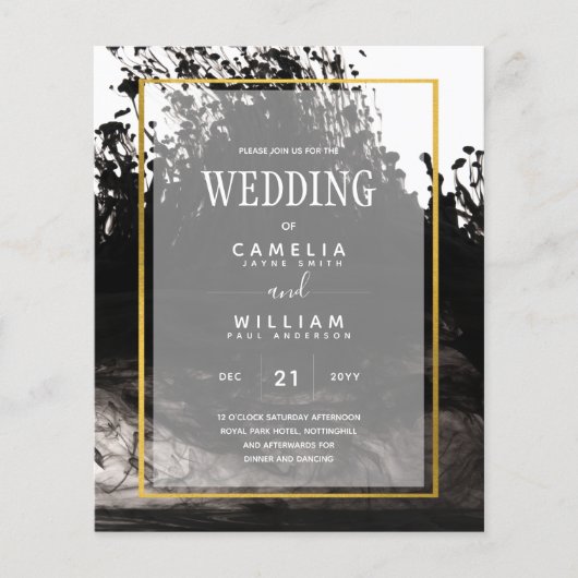 LeahG Black Gold INK Abstract Wedding Invite (Voorkant)