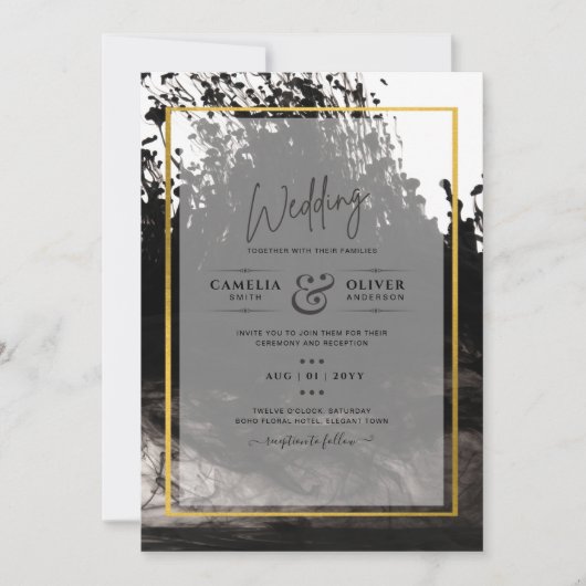 LeahG Black Gold INK Abstract Wedding Invite Kaart (Voorkant)