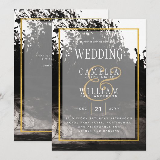 LeahG Black Gold INK Abstract Wedding Invite Kaart (Voorkant / Achterkant)