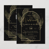 LeahG Black Gold Leaves Modern Huwelijks UITNODIGI (Voorkant / Achterkant)