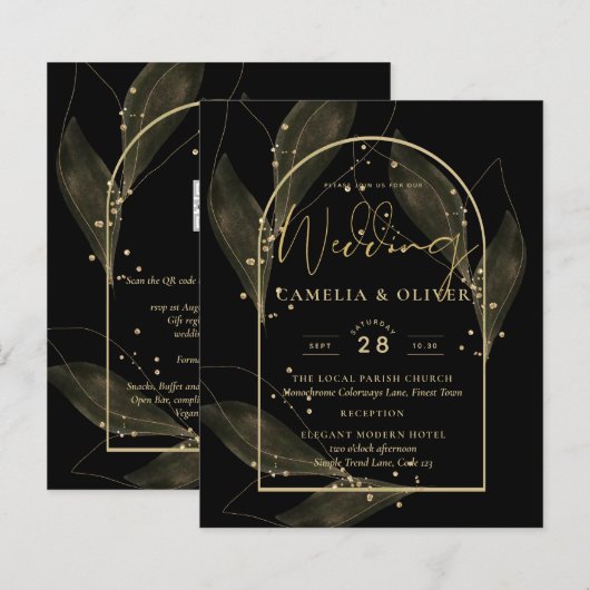 LeahG Black Gold Leaves Modern Huwelijks UITNODIGI (Voorkant / Achterkant)