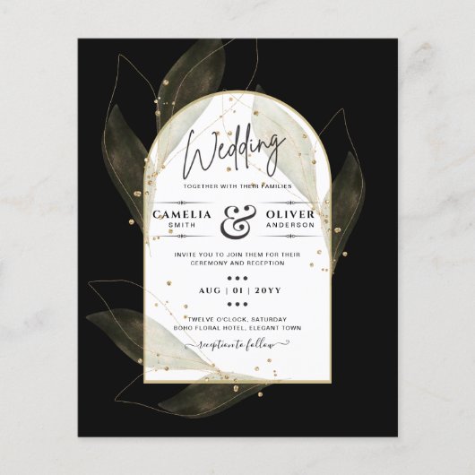 LeahG Black Gold Leaves Modern Wedding INVITE (Voorkant)