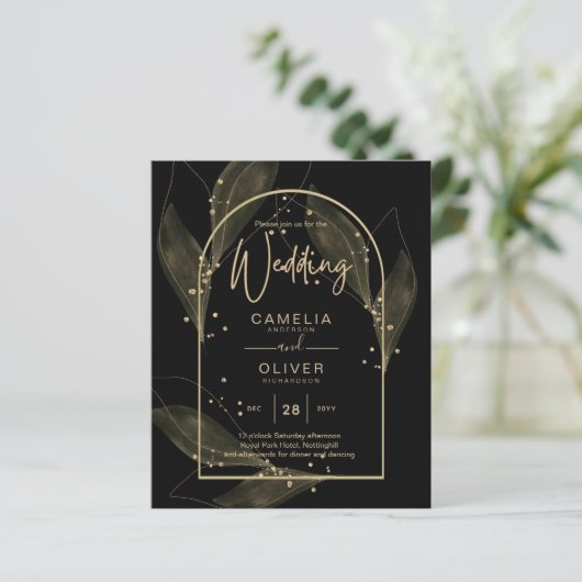 LeahG Black Gold Leaves Modern Wedding INVITE (Staand voorkant)