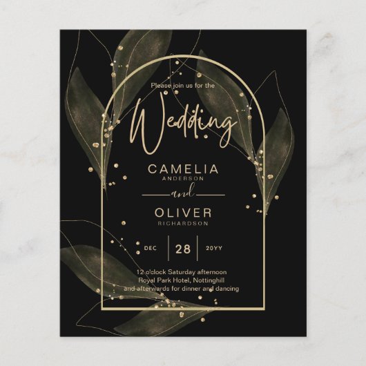 LeahG Black Gold Leaves Modern Wedding INVITE (Voorkant)