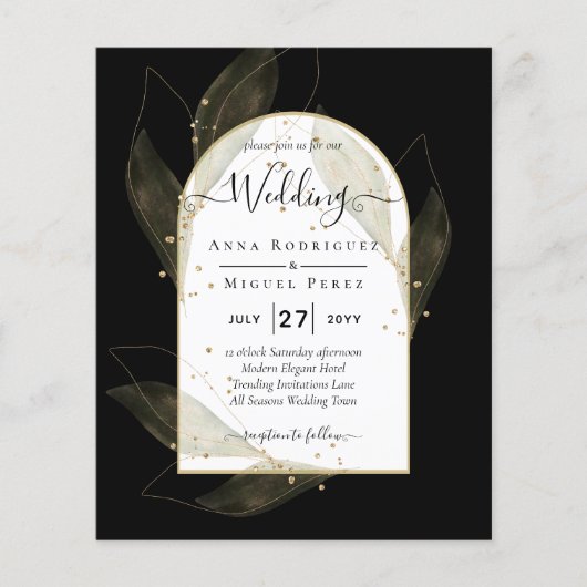 LeahG Black Gouden Bladeren Moderne Trouw UITNODIG (Voorkant)
