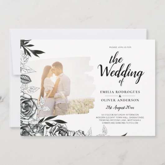 LeahG Black White Rozen Photo Overlay Wedding Kaart (Voorkant)