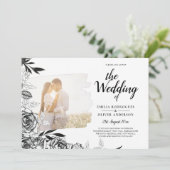 LeahG Black White Rozen Photo Overlay Wedding Kaart (Staand voorkant)