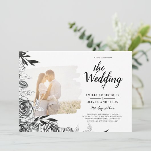 LeahG Black White Rozen Photo Overlay Wedding Kaart (Staand voorkant)