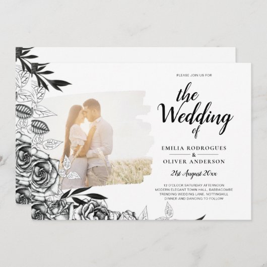 LeahG Black White Rozen Photo Overlay Wedding Kaart (Voorkant / Achterkant)
