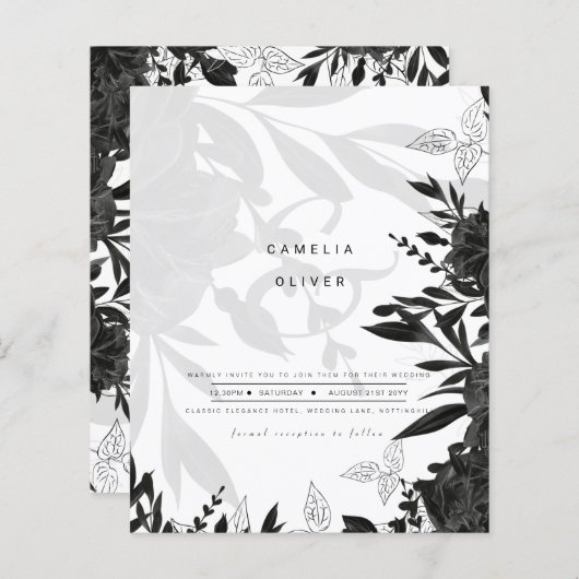 LeahG Black White Rozen Wedding Budget INVITE (Voorkant / Achterkant)